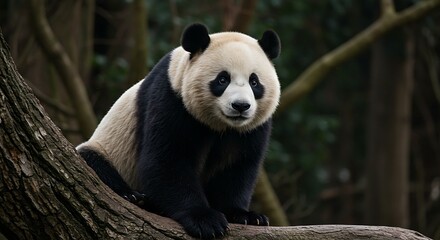 Obraz premium Adorable Giant Panda Bear on Tree Branch in Forest Habitat