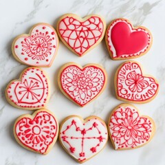 Deliciously decorated heart-shaped cookies with intricate red icing designs on a marble background.