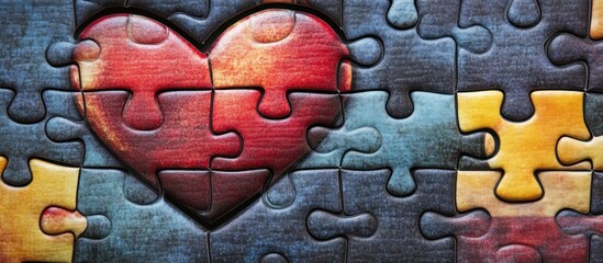 Colorful jigsaw puzzle pieces forming a vibrant red heart representing the concept of love connection and the process of solving complex challenges through and unity