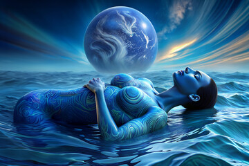 Female nymph swimming in the ocean on the background of the planet Venus. Allegorical composition in blue tone.