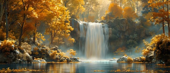 Serene Autumn Waterfall Surrounded by Golden Foliage and Tranquil Reflections in a Peaceful Natural Setting