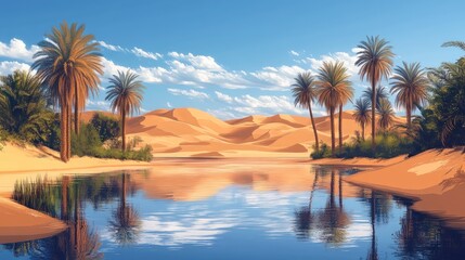 Oasis landscape with palm trees reflecting in calm water.