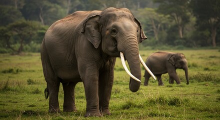 Fototapeta premium Majestic Asian Elephant in Lush Green Field Wildlife Photography
