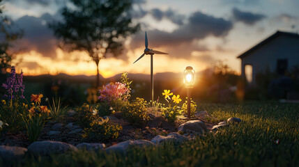 compact wind turbine stands in lush backyard, surrounded by vibrant flowers and glowing lantern, creating serene evening atmosphere