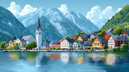 Fototapeta premium Picturesque village by a lake with mountains in background.