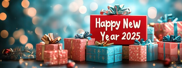 Naklejka premium Happy New Year 2025 Gift Boxes Festive Holiday Celebration