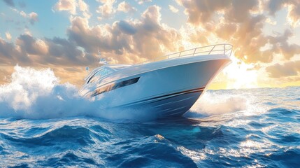 Luxury yacht speeding on ocean at sunset.