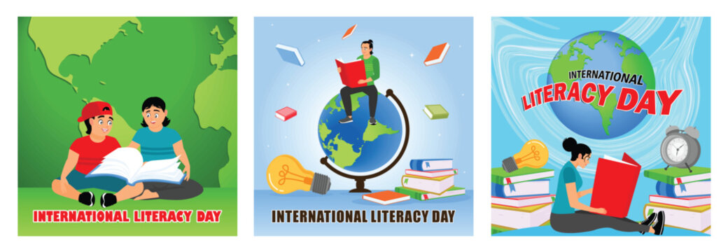 Illustration celebrating International Literacy Day with diverse people reading.