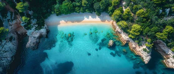 Serene Aerial View of Tropical Beach with Clear Blue Water and Lush Greenery on a Sunny Day