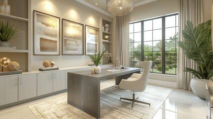 Modern home office with large window, desk, and built-in shelving.