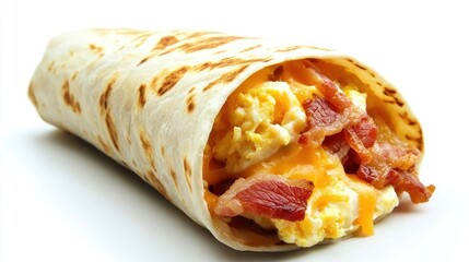 A delicious breakfast burrito filled with scrambled eggs, crispy bacon, and melted cheese