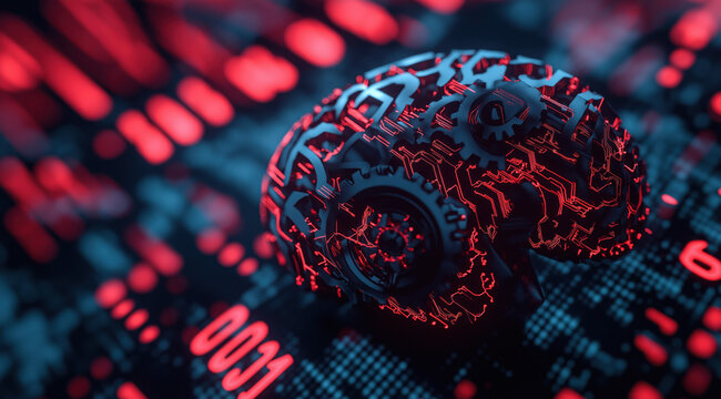 A digital representation of a brain with mechanical elements, set against a backdrop of red and black binary code, symbolizing artificial intelligence and technology. - Powered by Adobe