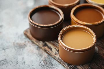 Brown paint pots as concept for Pantone's 2025 colour of the year mocha mousse