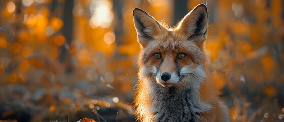 Naklejka premium Majestic red fox in autumn forest surrounded by vibrant orange foliage capturing the essence of nature's beauty and wildlife serenity