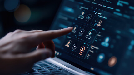 A user interacts with a digital interface displaying analytics and profiles, highlighting data-driven insights in a tech environment.