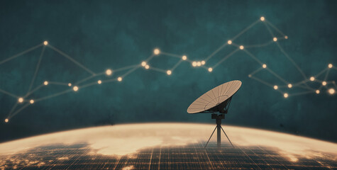 A satellite dish on Earth captures signals, surrounded by a network of stars and connecting lines, symbolizing communication and data transmission.