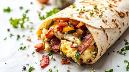 A hearty breakfast burrito showcasing eggs, bacon, and cheese inside a warm tortilla
