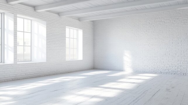 Fototapeta Spacious room features white brick walls and a tiled floor, illuminated by sunlight through large windows, creating a serene atmosphere