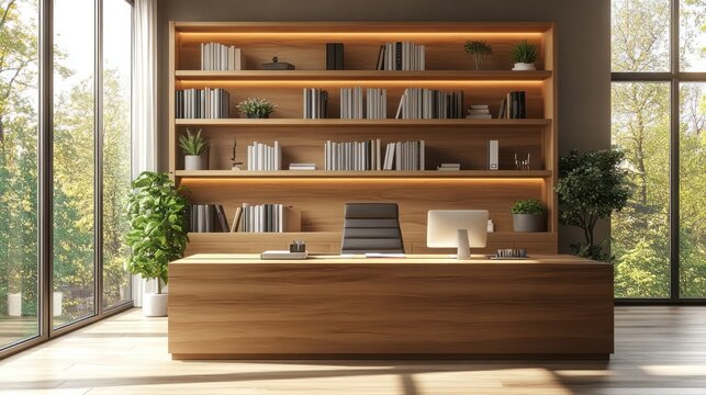 Modern minimalist home office with wooden desk, built-in shelves, and large windows.