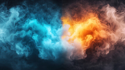 Fototapeta premium Swirling smoke in vibrant blue and orange hues creates mesmerizing visual effect, evoking sense of energy and movement
