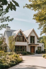 Modern house surrounded by greenery showcasing elegant architecture and natural light on a sunny day in a tranquil neighborhood