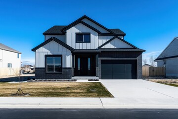 Modern two-story residential house with a black and white exterior located in a suburban neighborhood on a clear sunny day with blue skies