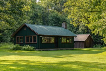 Fototapeta premium Nestled amidst verdant trees, this charming green cabin provides a peaceful retreat in the heart of nature, perfect for enjoying a sunny day