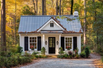 A charming cottage is beautifully nestled within a picturesque autumn forest, surrounded by vibrant foliage and a quaint gravel path that leads directly to the welcoming door