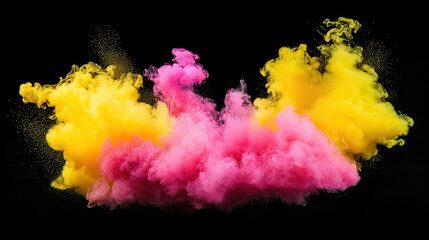 Colorful smoke plumes in neon pink and bright yellow create vibrant display. dynamic swirls evoke sense of energy and creativity