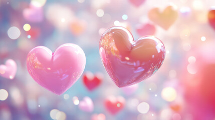 Pink Valentines. Glossy Pink Hearts. Valentine's day Abstract Background. Love and Romantic Concept