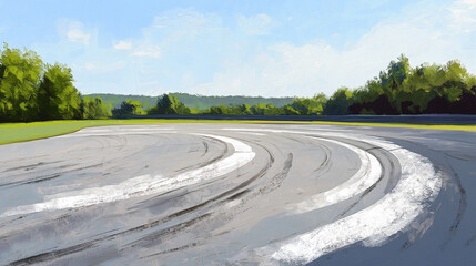 Fototapeta premium Simple pastel artwork of a curved race track with overlapping tire marks