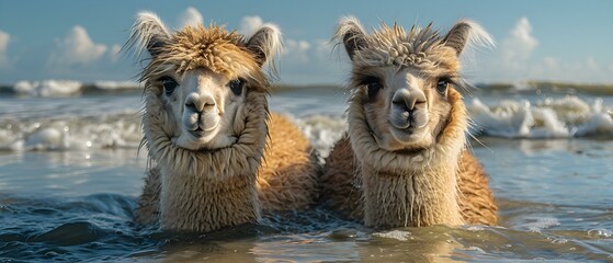 Two Happy Llamas Enjoying a Refreshing Swim in Calm Ocean Waves