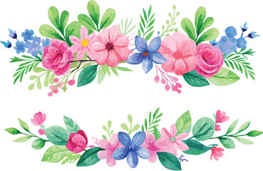 Obraz premium Watercolor Floral Border with Pink and Blue Flowers