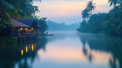 Fototapeta premium Tranquil Sunrise Over Water With Tropical Houseboat