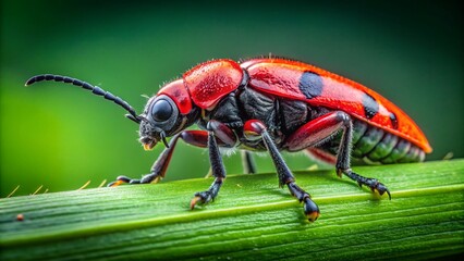 Fototapeta premium Macro Photography: Red and Black Insect on Grass - Close-Up Detail