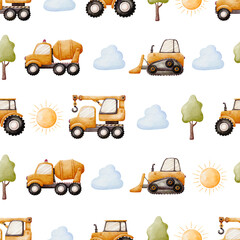 Construction Vehicle Pattern Seamless illustration with Orange Excavator and Constuction Tools, Watercolor seamless background for Kids. Cute Print for childish textile design or wallpaper