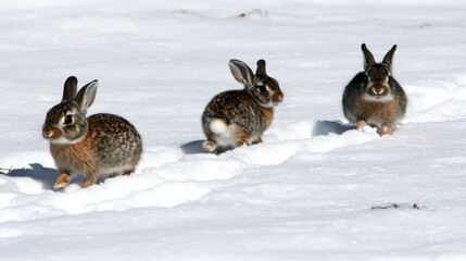 Three Cottontail Rabbits Hopping in Winter Snow