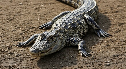 Fototapeta premium Spectacled Caiman Reptile Wildlife Animal Ground Closeup