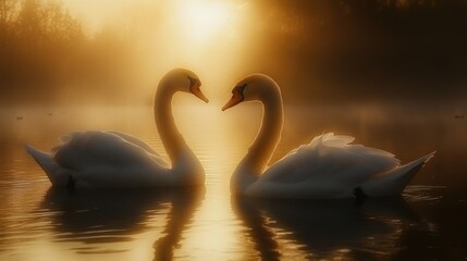 Two elegant swans gracefully curve their necks to form a heart shape on a misty lake at dawn.
