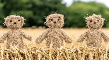 Fototapeta premium Three Hay Bale Bears in Golden Wheat Field