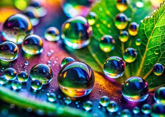 Naklejka premium Macro Photography: Vibrant Dew Drops on Lush Green Leaves