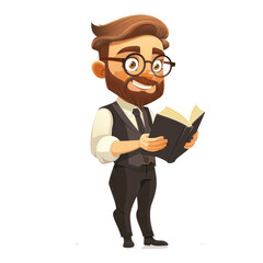 A cartoon man with a beard, glasses, and a tie, smiling and reading a book.