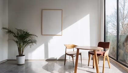 Empty White Wall Mockup in Minimalist Interior with Wooden Chair and a Marble Table. Natural Daylight From a Window. Promotion Background.