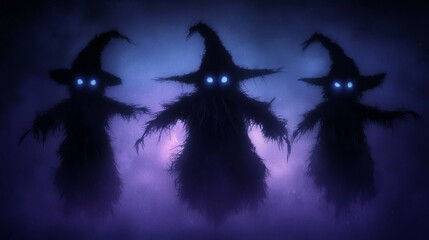 Three Shadowy Witches in a Night Fog