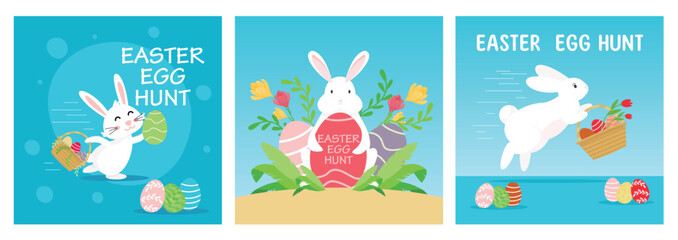 Cute illustrations of a joyful Easter bunny and colorful Egg Hunt scenes.