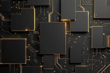 Black and gold abstract background with geometric shapes and circuit board elements for tech designs