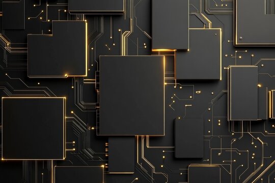 Black and gold abstract background with geometric shapes and circuit board elements for tech designs