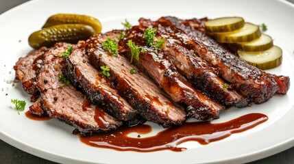 Sliced brisket with pickles on a white plate, drizzled in sauce   a hyper realistic culinary shot
