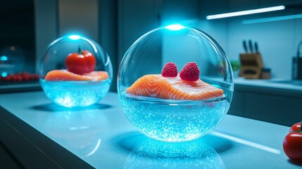 Futuristic refrigeration concept showcasing illuminated fresh foods in a minimalist kitchen setting