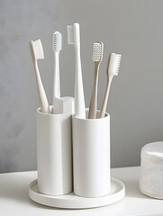 Organized toothbrush holder with multiple brushes in modern design. This storage solution enhances bathroom aesthetics while keeping dental care essentials accessible